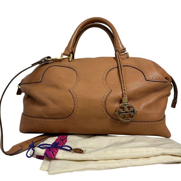 Tory Burch AMALIE Camel Satchel Shoulder Bag Pebbled Leather Beige Dust Bag - Picture 1 of 16